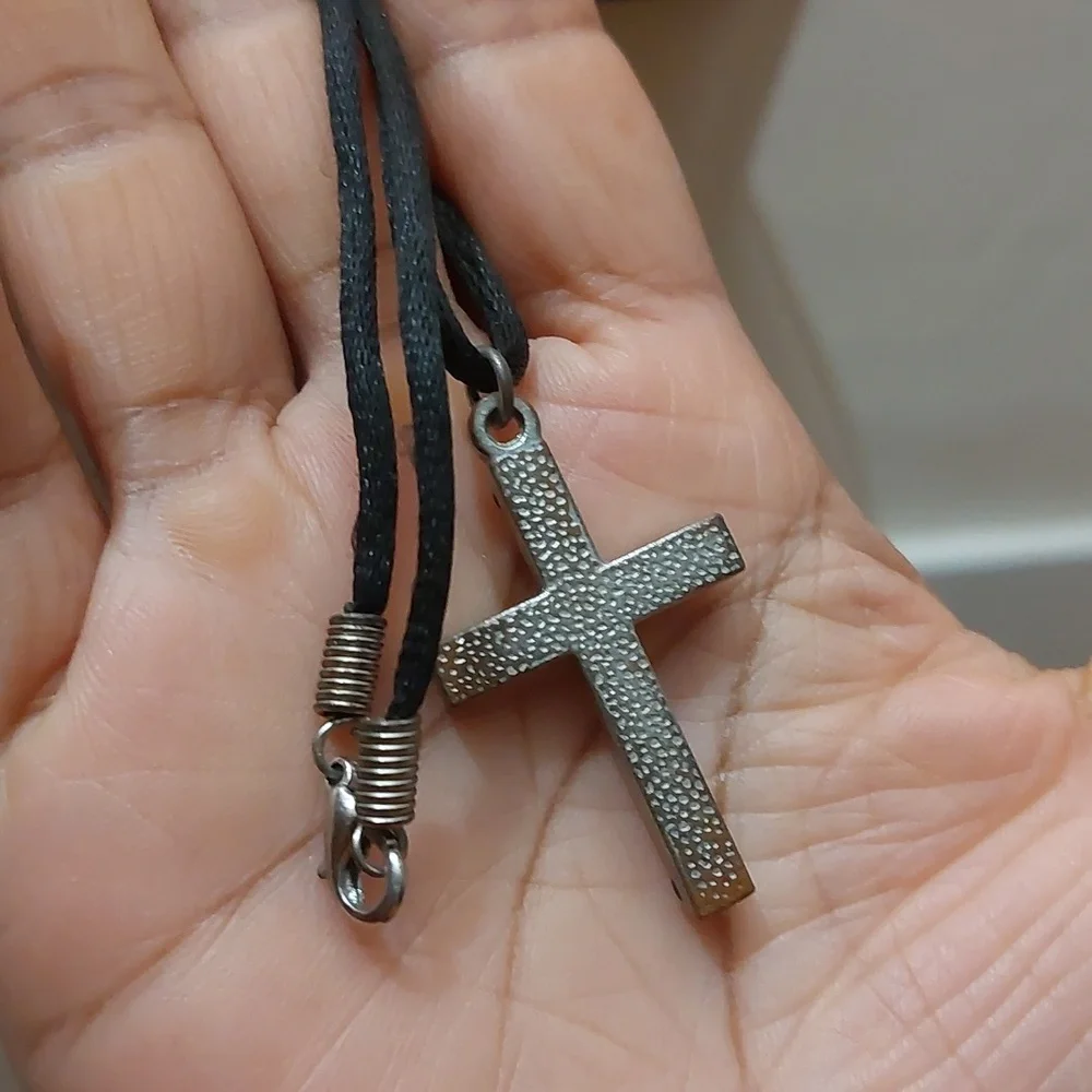 Silver Tone Pendant Paved with Black Rhinestones on Black Cord Necklace - Picture 6 of 6